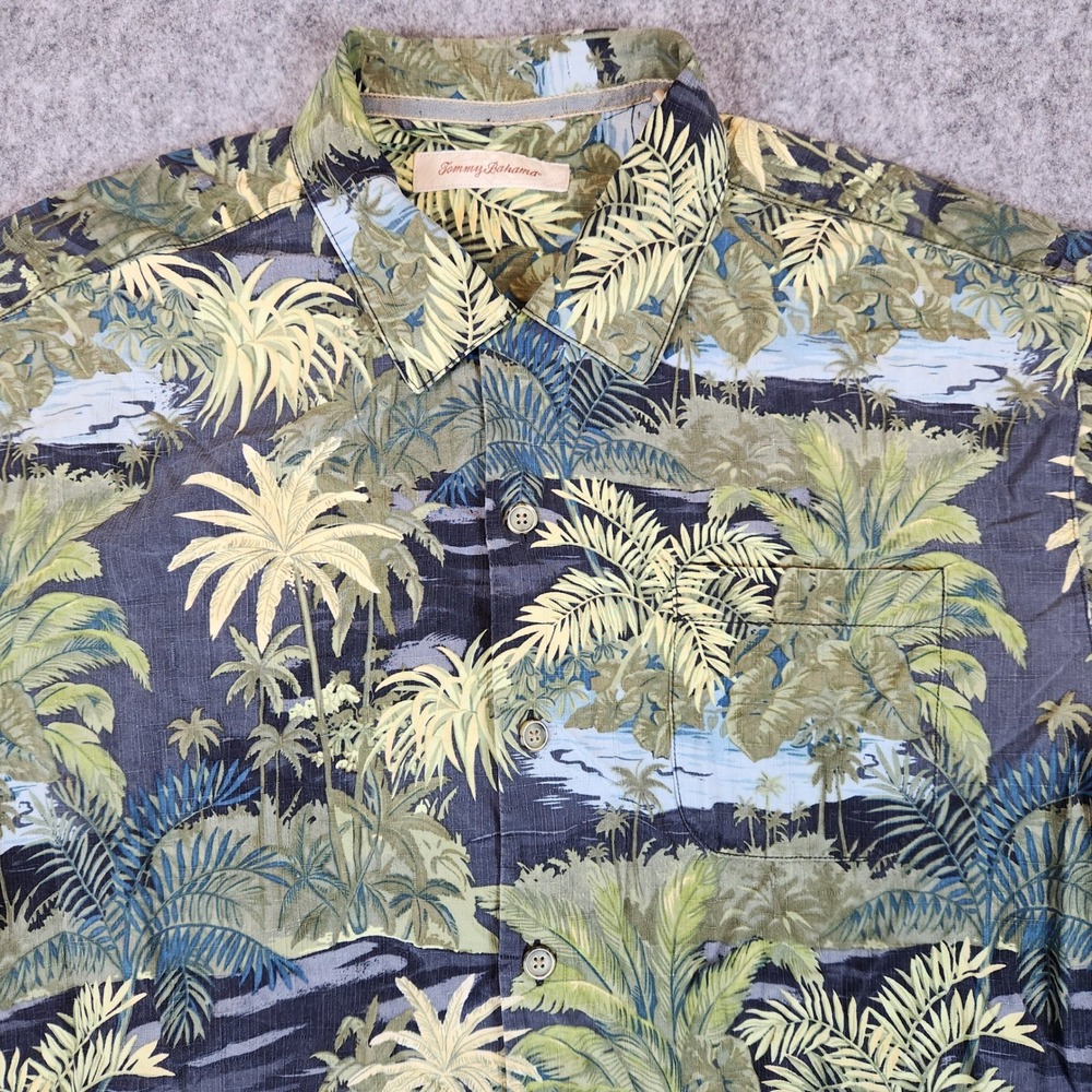 Tommy Bahama Shirt Men L Green Silk Tropical Palm‎ Tree Island Camp Button Down